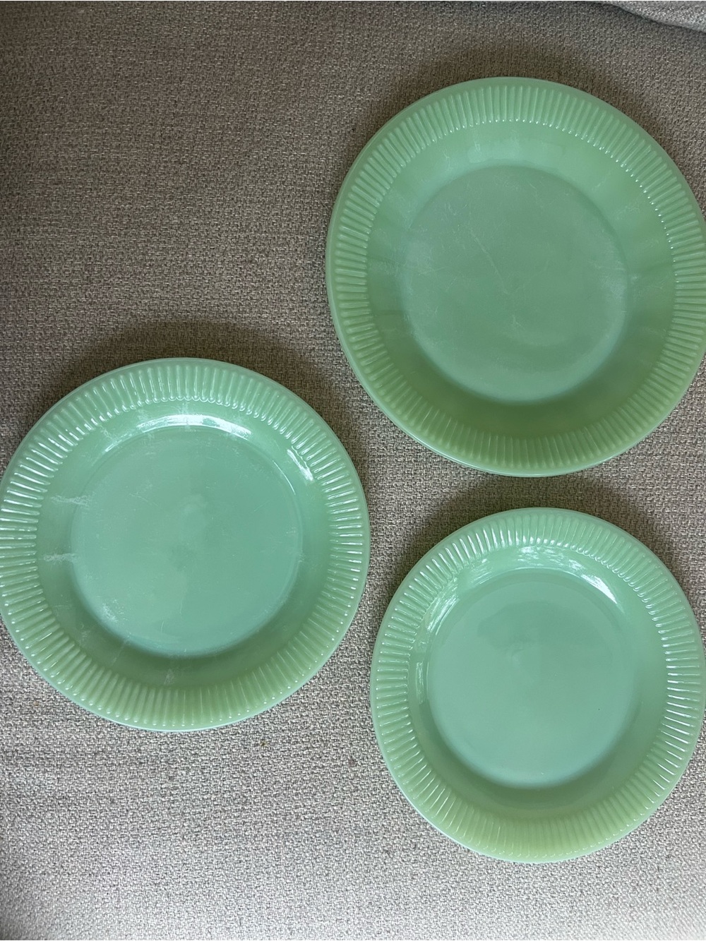 Vintage Fire King Jadeite Jane Ray. 1 dinner, 2 salad. Unmarked. Set of 3.